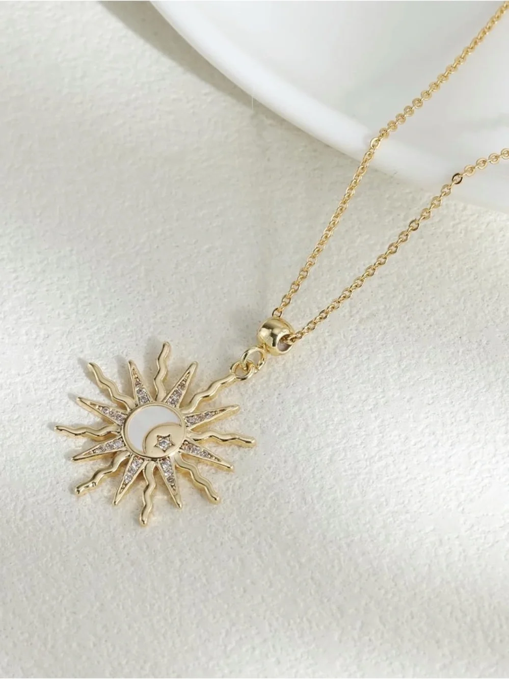 Celestial 14K Gold Plated Sun & Moon Pendant Necklace with Mother of Pearl